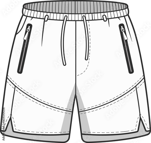 Stylish athletic shorts, zipper pockets, elastic waistband, drawstring closure, breathable fabric, durable stitching, gym wear, running shorts, unisex design, cad drawing