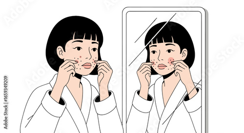 Young Woman Examining Acne in Mirror with a White Background Reflecting Facial Skin Problems and Blemishes in Pixel Art Style Illustration