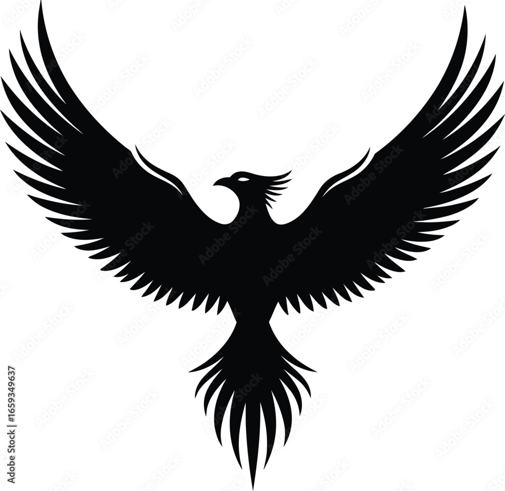 Fototapeta premium Black silhouette of a phoenix with outstretched wings, a symbol of rebirth.