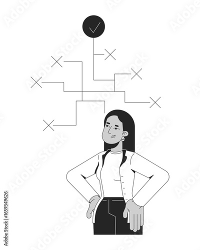 Decision making soft skill line illustration concept. Critical thinking. Adaptability. Corporate arab woman strategic planning outline 2D character isolated. Ink linear metaphor vector art