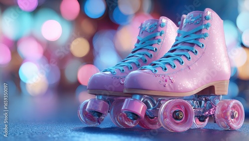 Pink roller skates, night, bokeh lights, urban setting