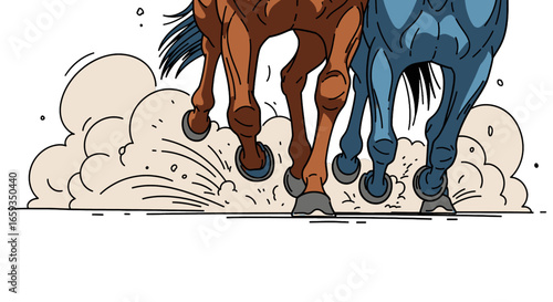 Dynamic Illustration of Two Horses Running in a Cloud of Dust with Powerful Motion and Energy