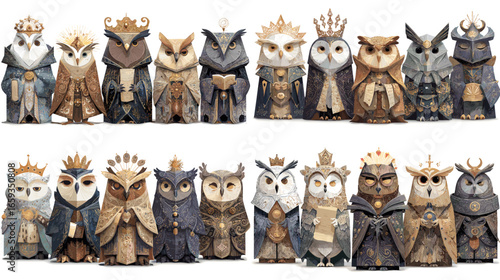 Fantasy illustration of owls dressed as kings, queens, and noble guardians with crowns, robes, and majestic attire in elegant earthy tones.