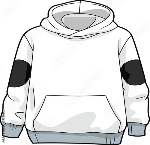 Trendy white hoodie, black elbow patches, casual fashion, comfortable wear, stylish outfit, modern apparel, vector clothing, fashion illustration, cad drawing flat vector illustration