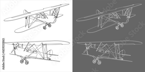 Biplane Aircraft 3D CAD Blueprint Vector