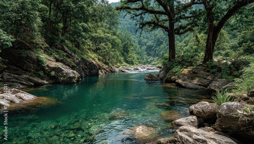 Naklejka premium Tranquil mountain stream, emerald pool. Lush green forest surrounds
