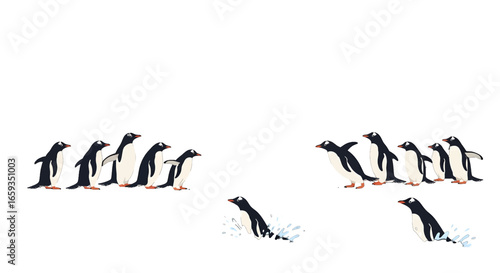 Pixelated Penguins Swimming in Blue Water with White Background Minimalistic Graphic Design Illustration
