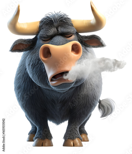 Angry bull with steam coming out of its nose, isolated on transparent background