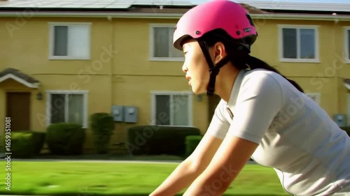 Woman in Pink Helmet Rides Bicycle Past Suburban Houses with Solar Panels