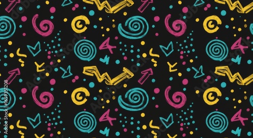 A vibrant seamless pattern with retro shapes.

