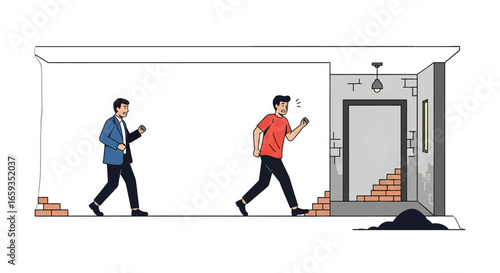 Two Men Fleeing from a Partially Demolished Building in Pixel Art Style on a White Background
