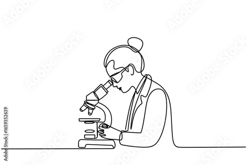 Scientist using a microscope in a continuous line drawing style