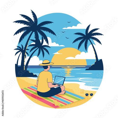 Man using laptop on tropical beach under palm trees enjoying remote work lifestyle