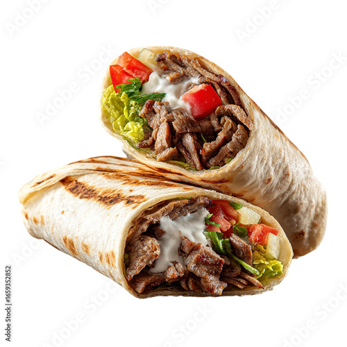 Delicious beef shawarma wraps with fresh ingredients on transparent background