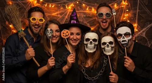 Group poses in Halloween photo booth with costumes props  fairy lights