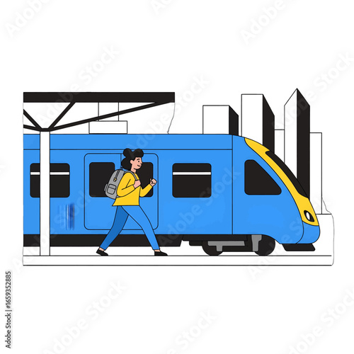 Woman Walking Towards a Blue Train with Yellow Accents Against an Urban Cityscape Background in Graphic Style