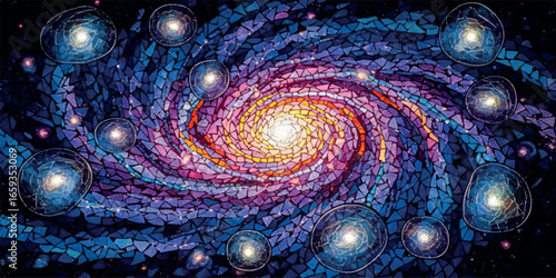 Vibrant swirling galaxy multiple star clusters cosmic spectacle 