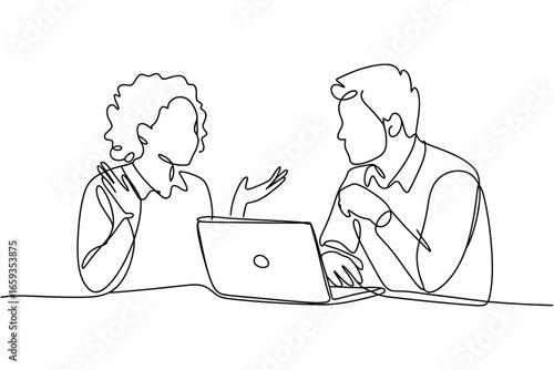 Two people collaborating on a laptop with a minimalist line drawing style