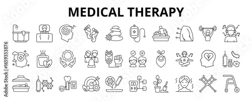 30 Medical Therapy Line Icons Vector - Hypnotherapy, Chemotherapy, Aromatherapy, Music Therapy, Immunotherapy, Physiotherapy, Psychotherapy