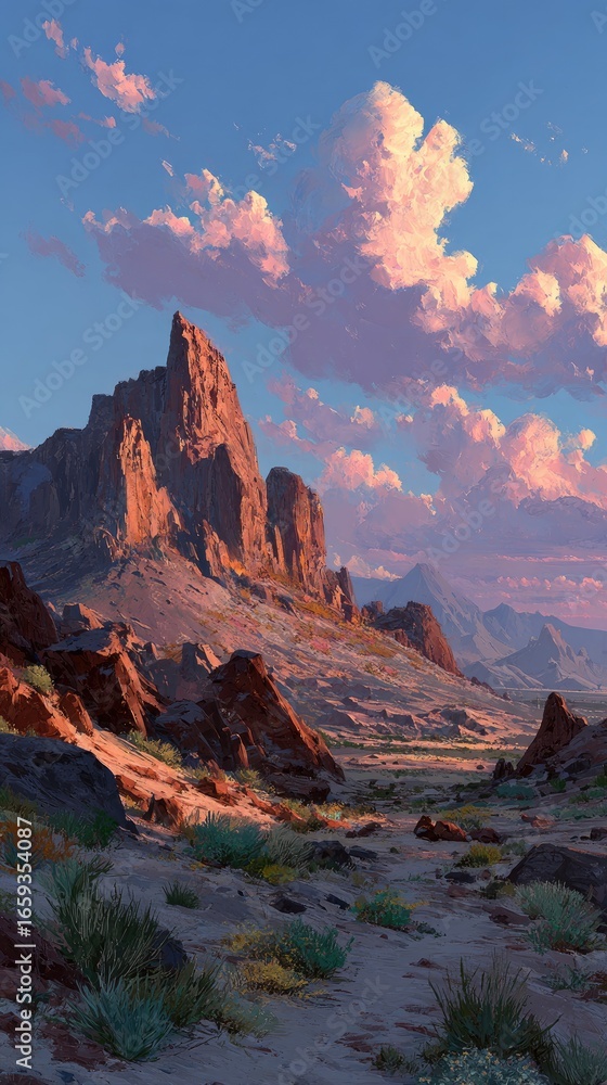 Naklejka premium Rocky desert mountain range at sunset