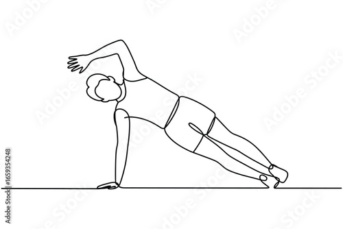Continuous line drawing of a person performing a side plank exercise