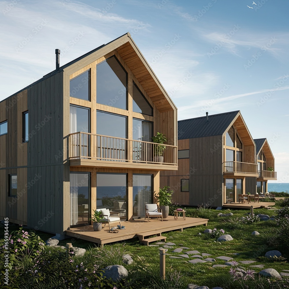 Fototapeta premium Coastal Modern Cabin Homes with Ocean View