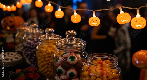 Halloween candy jars displayed under lit pumpkin string lights with blurred people in background