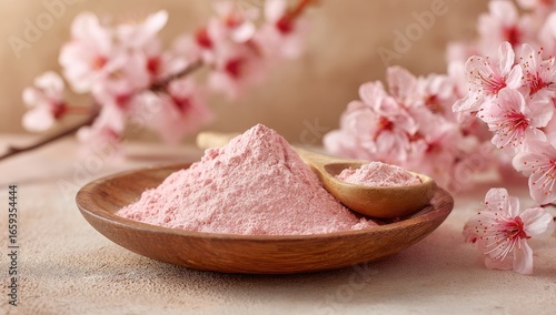 Pink powder in wooden bowl with cherry blossoms
