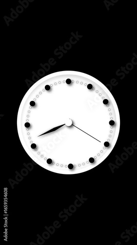 Fast-moving white wall clock animation showing time-lapse motion vertical video. Animated circle with moving dots on black background represents process or progress.