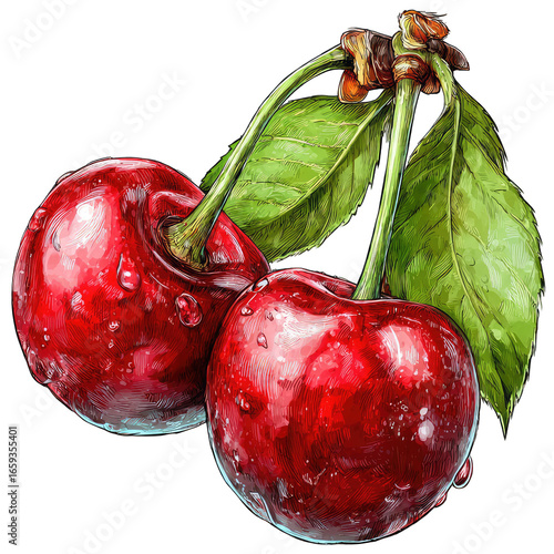 Two ripe cherries with leaves, detailed illustration