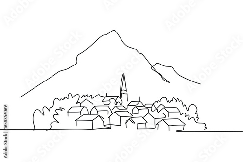 Minimalist mountain village landscape drawing