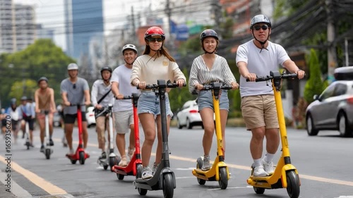 Urban Commute: A vibrant city scene captures a group of individuals joyfully navigating city streets on electric scooters under a sunny sky.