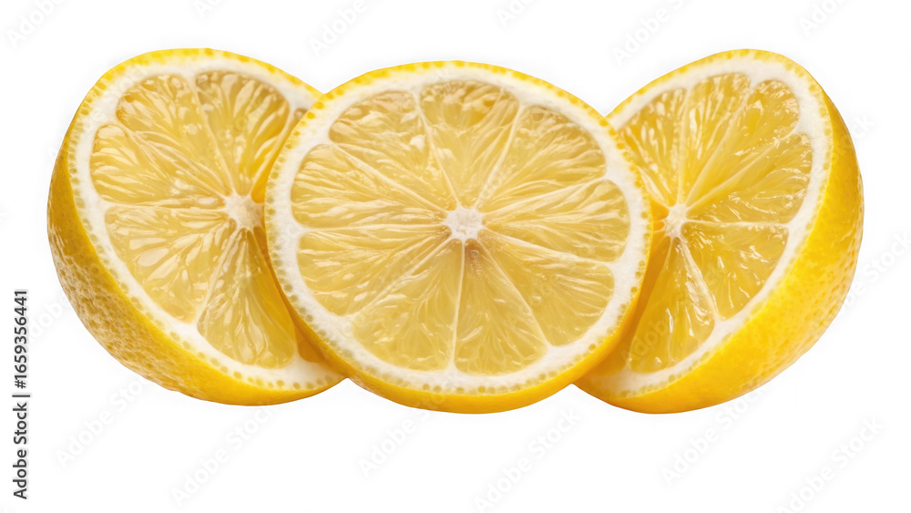 Three slices of fresh yellow lemon isolated on transparent background Three slices of fresh yellow lemon isolated on transparent background