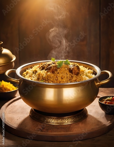 a brass bowl filled with chicken biryani