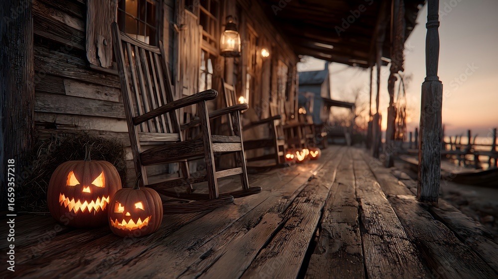 Obraz premium Rustic wooden porch adorned with carved pumpkins glows at dusk, capturing the essence of Halloween festivities