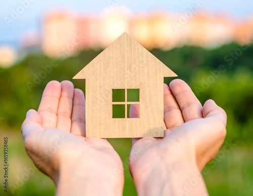 Hands holding a wooden house model against a blurred cityscape
