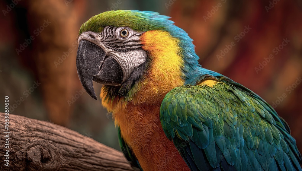 Obraz premium Colorful parrot portrait on log, vibrant background