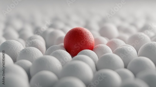 Red sphere amidst many white spheres
