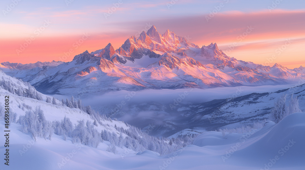 Obraz premium Winter Mountainscape at Sunrise with Snowy Peaks