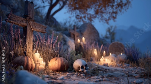 Haunting Halloween display featuring skeleton bones and carved pumpkins in a spooky graveyard setting