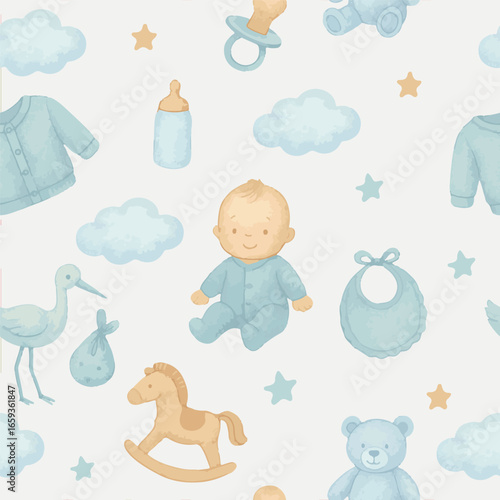 Watercolor seamless pattern. Baby boy, new born, bridal shower pattern. Background illustration for kids.