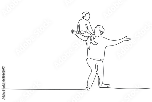Father and child enjoying a piggyback ride depicted in continuous line art