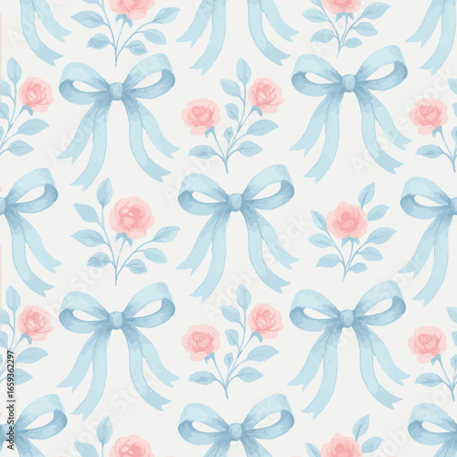 Coquette seamless pattern. Elegant repeating ornaments with bouquets of blooming pink flowers and cute blue bows. Design for wallpaper or fabric. Watercolor vector illustration isolated on background.