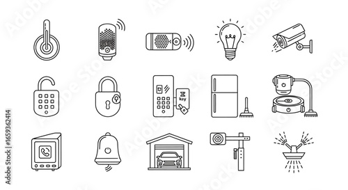 A collection of smart home technology and home automation icons rendered in a clean minimalist black outline style.