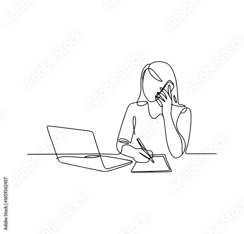 Minimalist One Line Art of Person at Desk with Laptop and Phone – Remote Work and Productivity Concept