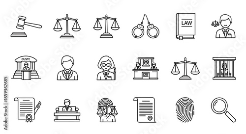 Law and justice thin line icon set Collection of legal symbols like gavel scales courthouse and handcuffs.