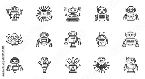 Collection of futuristic robot and artificial intelligence line icons including androids cyborgs and AI microchip symbols.