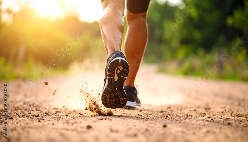 Jogger Running on Dusty Trail Path with Golden Sunlight Behind