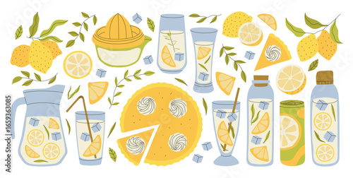 Lemons and lemonade set in flat graphic design. Collection isolated elements with citrus fruit slices, citric flower and leaves, glass, cup or bottle with juice drink and other. Vector illustration.