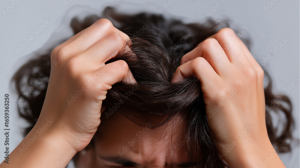 Fototapeta premium Young person holding head with stressed expression. 